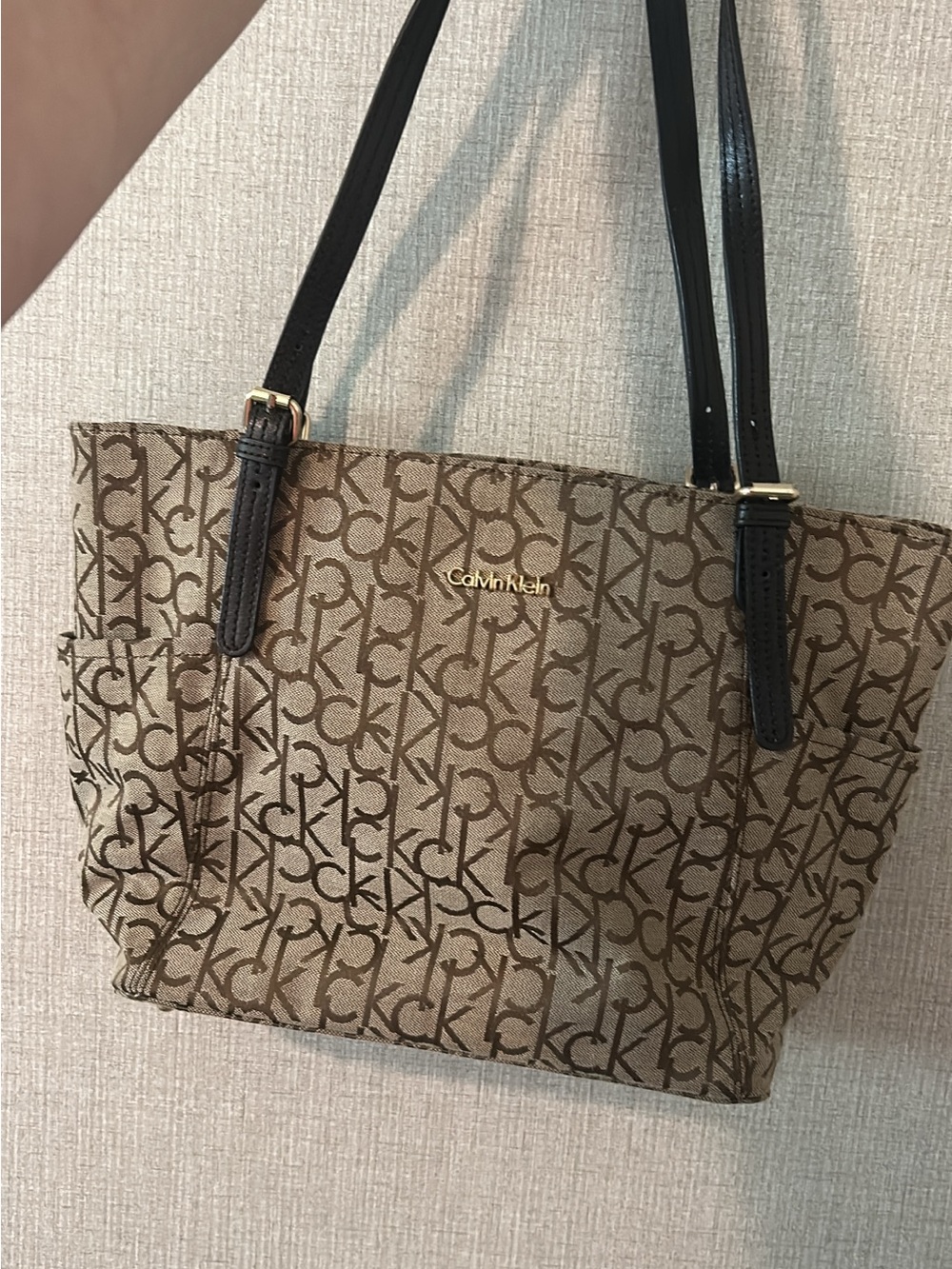 Calvin Klein Brown Monogram Tote with Black Straps